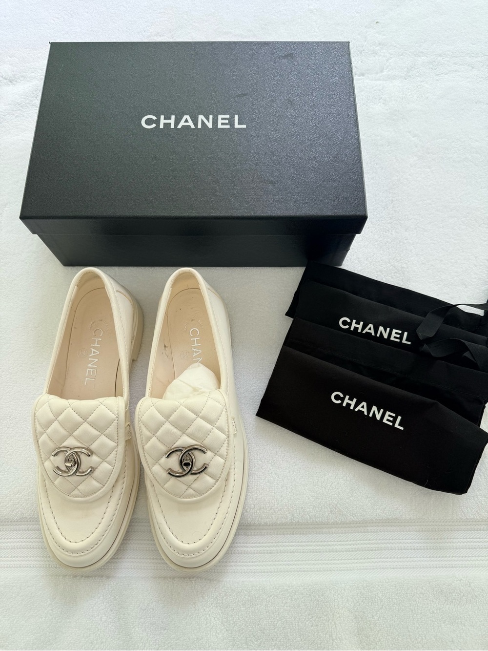 Chanel Turnlock Loafers, Lambskin, White, 38.5